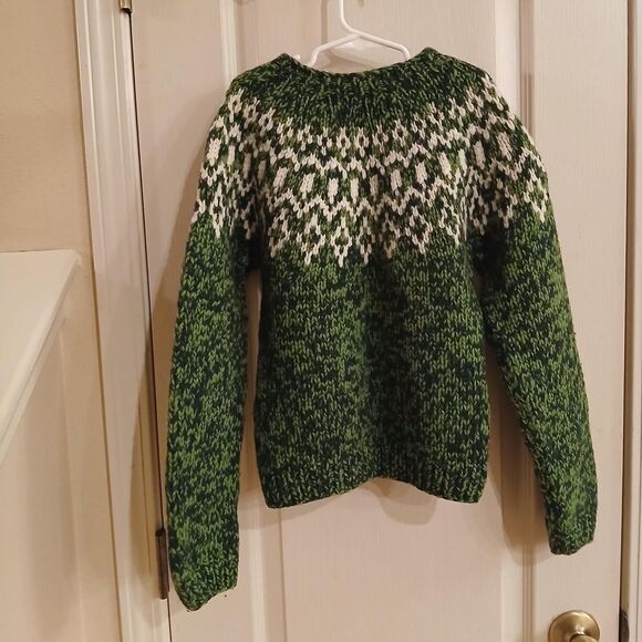 Vintage American Eagle green/white hand-knit Fair Isle 100% lambswool sweater S - Picture 3 of 4